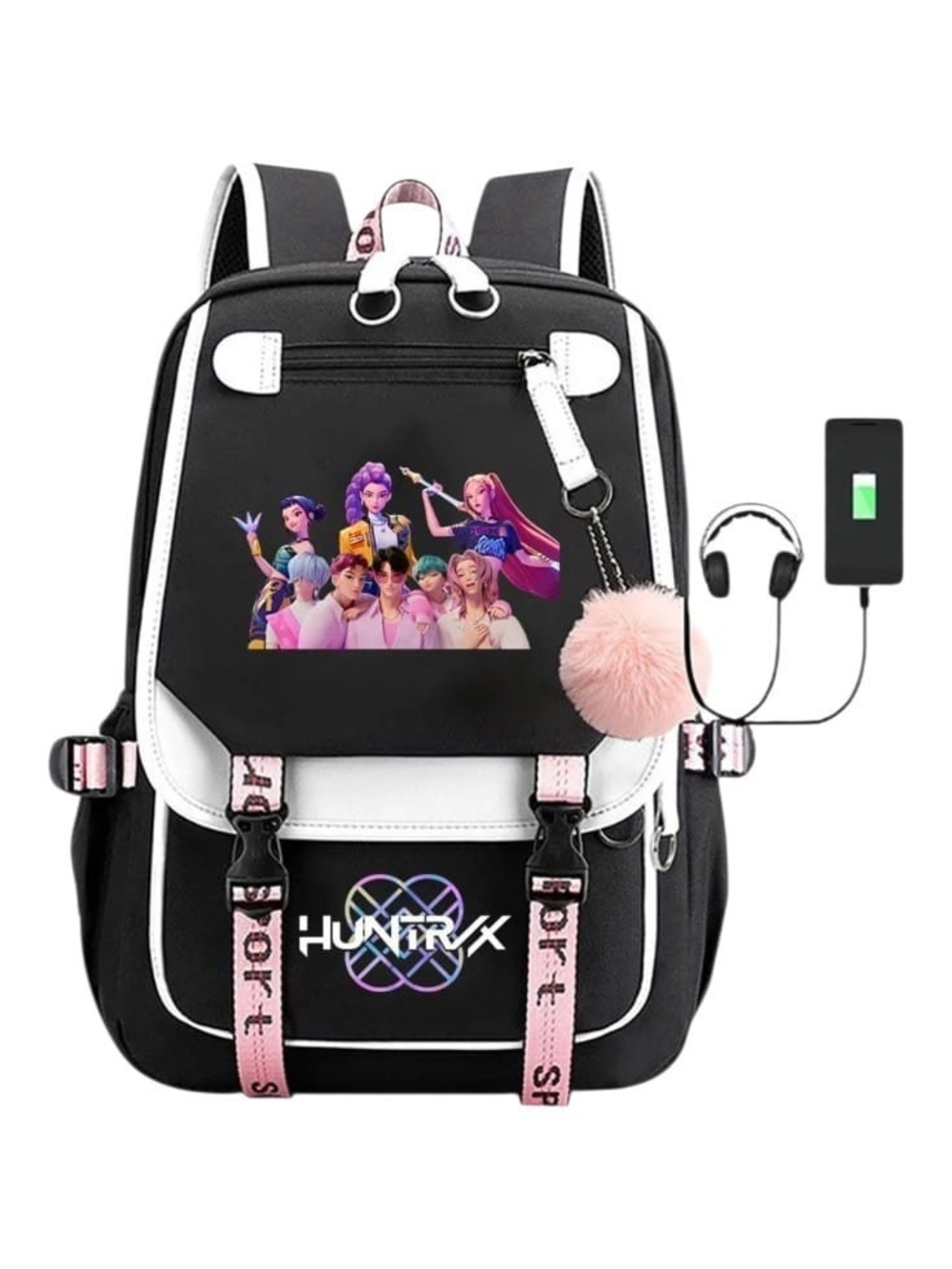 Black & White K-Pop Graphic Backpack with Pink Pom Keychain